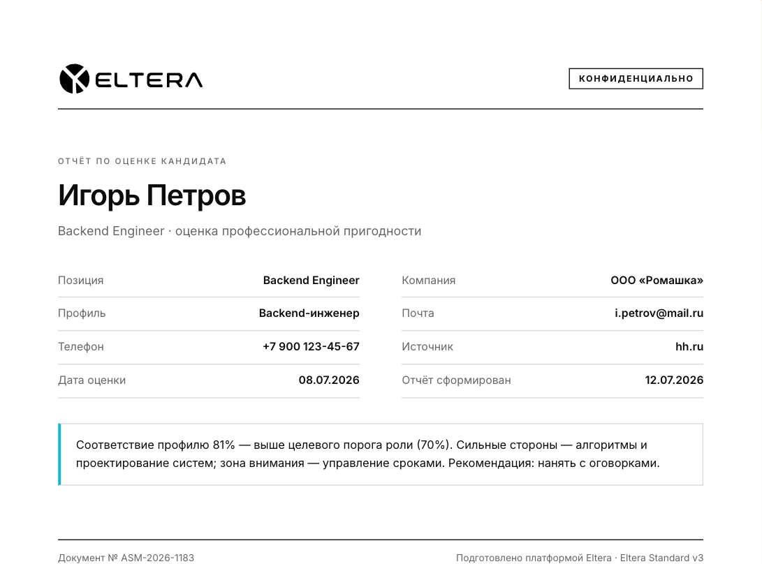 Титульный лист отчёта по оценке кандидата: позиция, профиль должности, дата оценки и краткий вывод о соответствии
