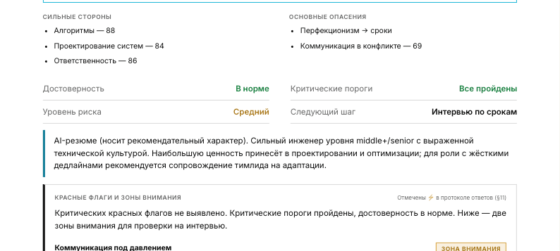 Разбор отчёта: сильные стороны и основные опасения, достоверность, уровень риска, AI-резюме и блок «Красные флаги и зоны внимания»